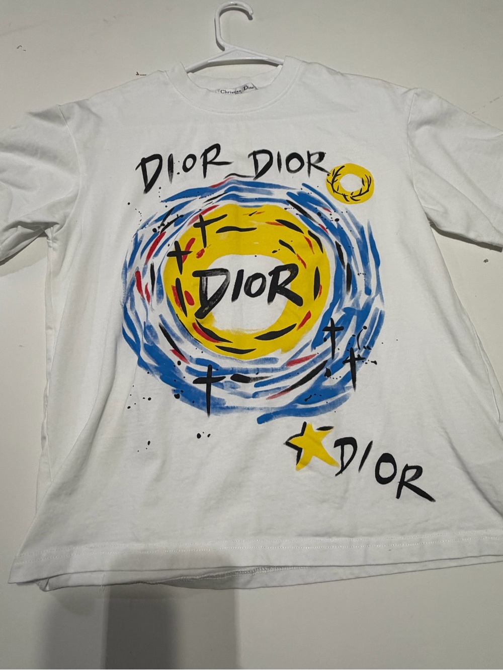 Dior White Art Print Tee with Yellow, Blue & Black Graphic